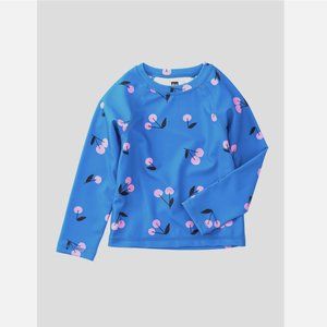 Tea Collection Girl's Long Sleeve Blue Cherry Print Swim Rash Guard Top